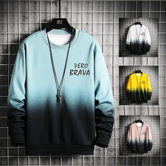 Men's Spring Autumn Gradient Color Casual Sweatshirt Trendy Round Neck Loose-fit Top For Youth Korean Style